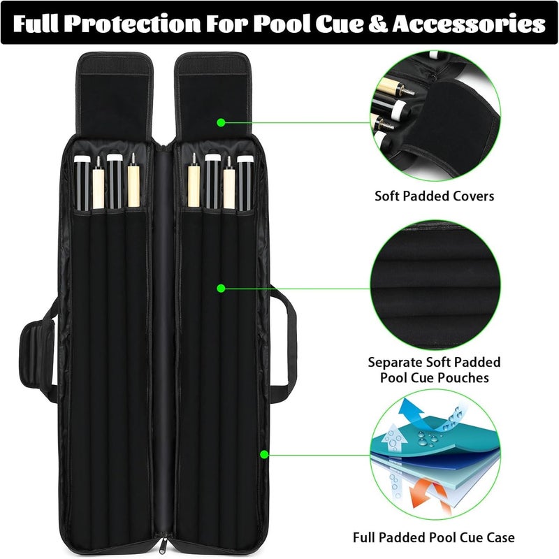 Beejirm Pool Cue Case 4x4, Pool Stick Case Cue Bag with Hidden Backpack-Strap, Cue Stick Case Holds 4 Butts and 4 Shafts, Billiard Pool Cue Carrying Case with Large Front Accessory Pockets and 1 Cue Ball Case - Image 2